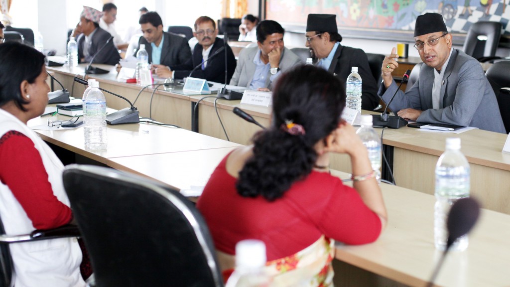 Minister for Forest and Soil Conservation Mahesh Acharya answers to the Development Committee meeting under the Legislature Parliament chair by Rabindra Adhikari held on Monday at Singha Durbar, Kathmandu. Photo: Kumar Shrestha, RSS